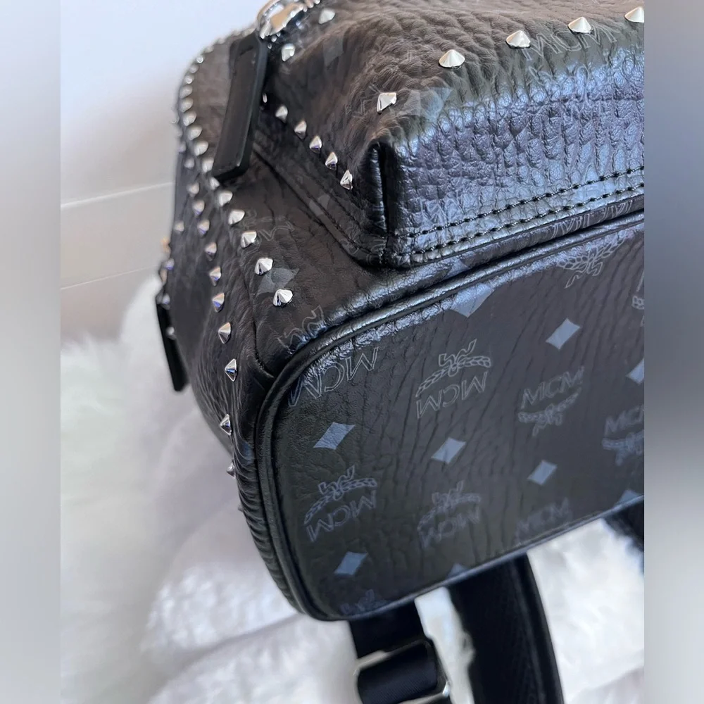 MCM Black Leather Studded Women’s Backpack with Monogram Print - Picture 15 of 16